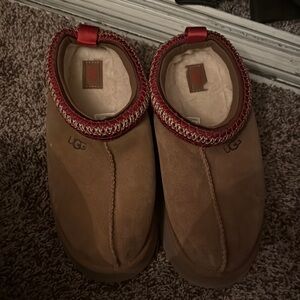 UGG Brown Suede Cozy Slip-On Clogs with Red Trim